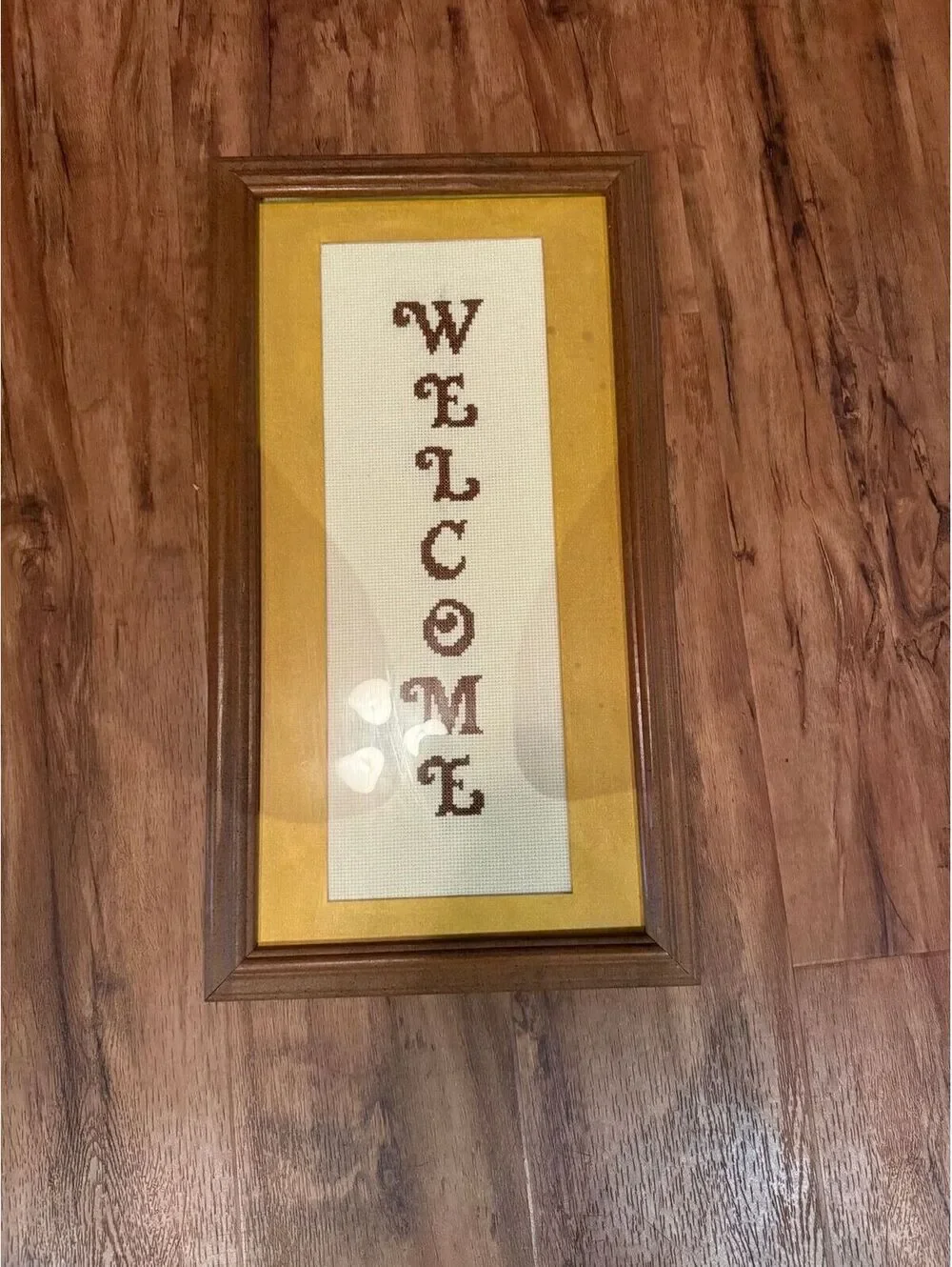 Vintage Framed Cross-stitch Welcome sign!  The back is duck taped